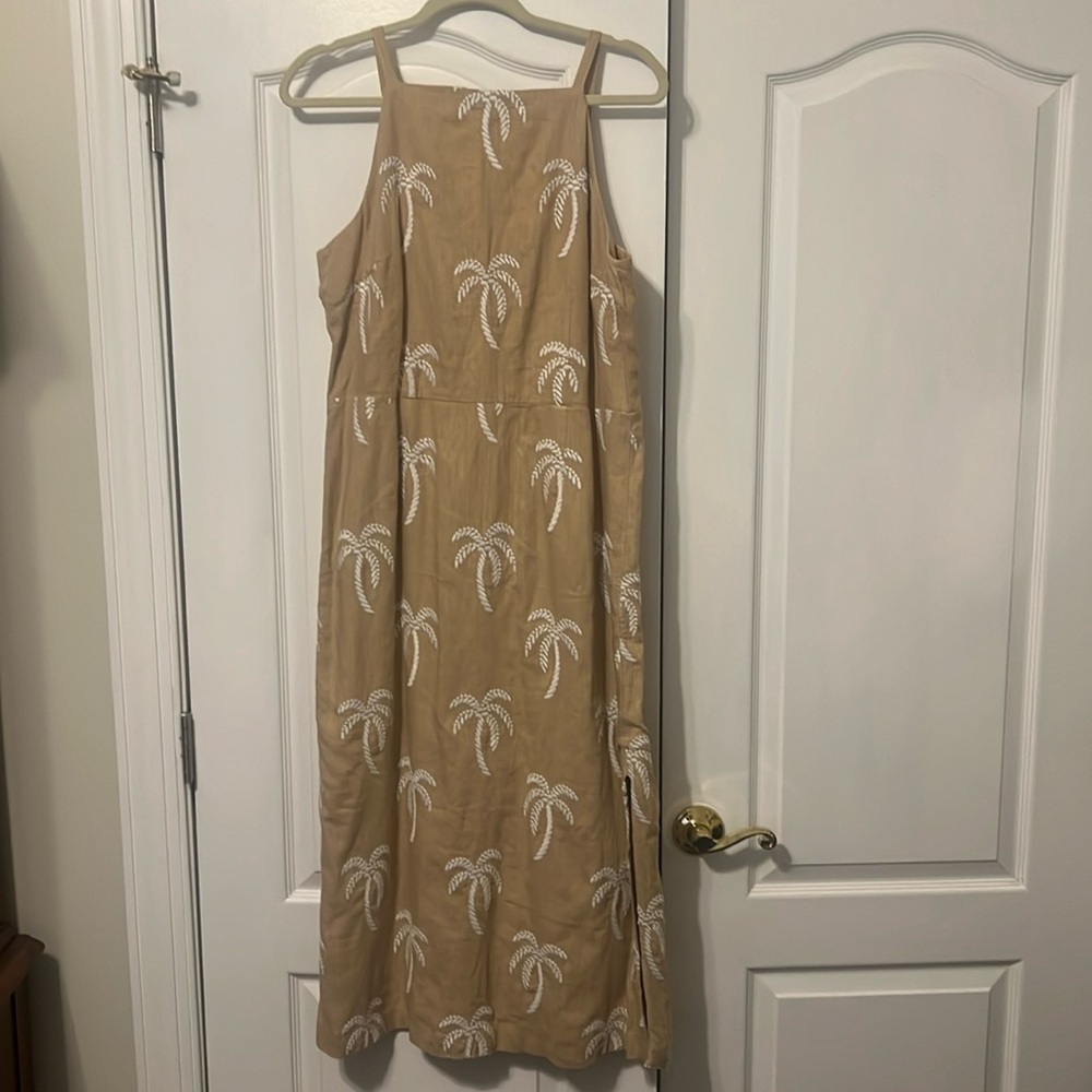 Ann Taylor Tan Midi Dress with White Palm Embroidery
